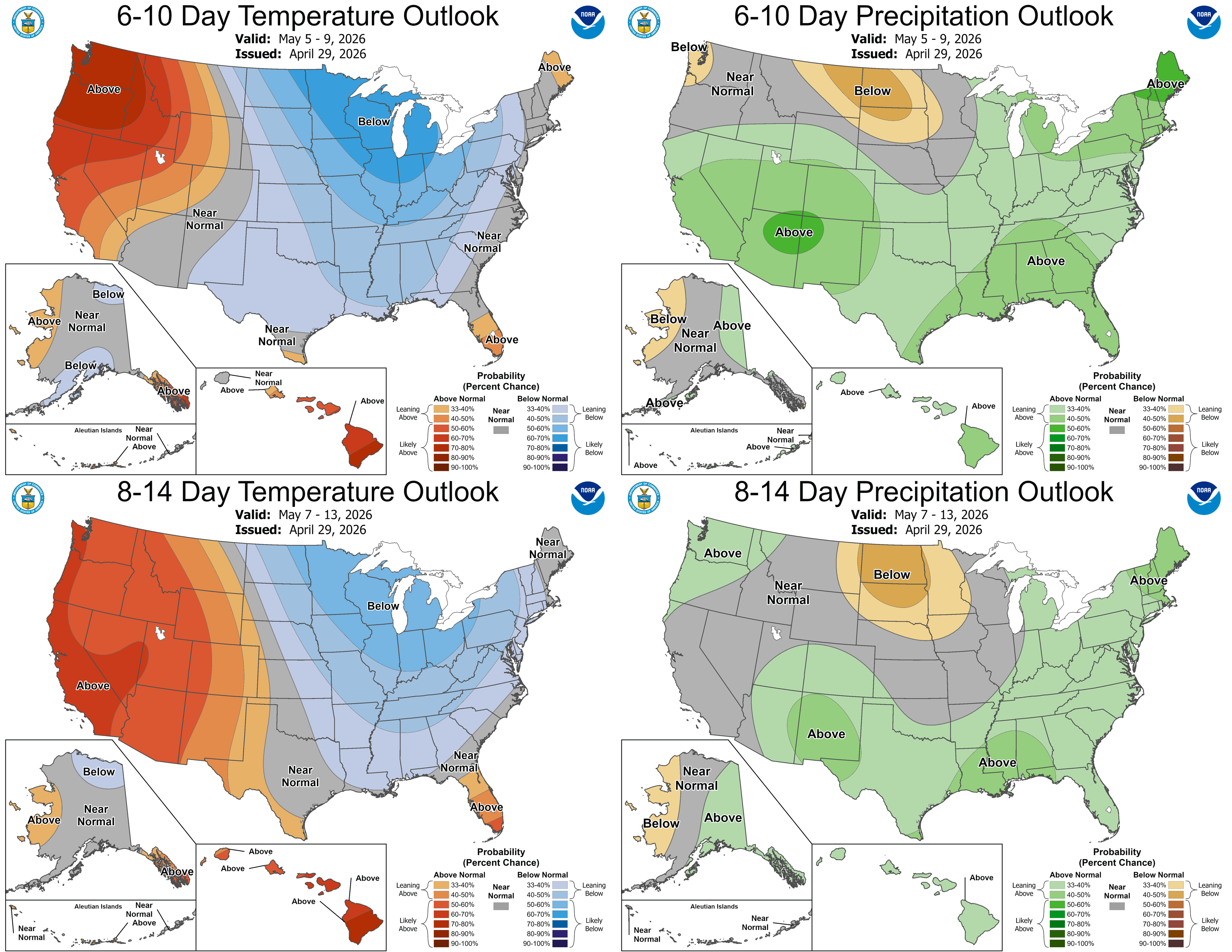 NOAA outlook maps displaying 6&ndash;10 day and 8&ndash;14 day temperature and precipitation forecasts across the United States.
